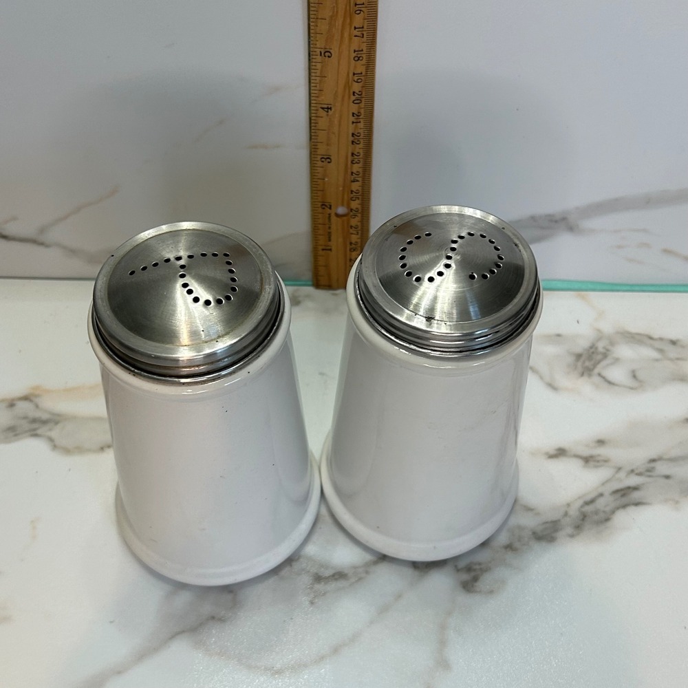 Royal Cuisine China Salt and Pepper Shakers White Ceramic Stainless Steel Lids - Picture 5 of 9